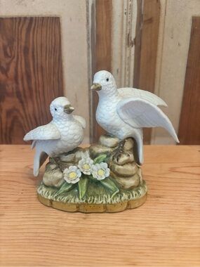 White Ceramic Dove Figurine Pair on Floral Base